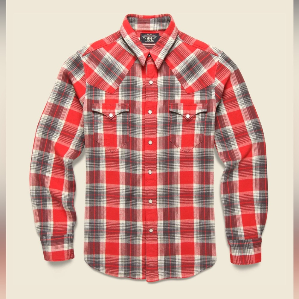 NWT RRL (Double Ralph Lauren) Buffalo Western Workshirt. Red/Grey. Sz Large.
